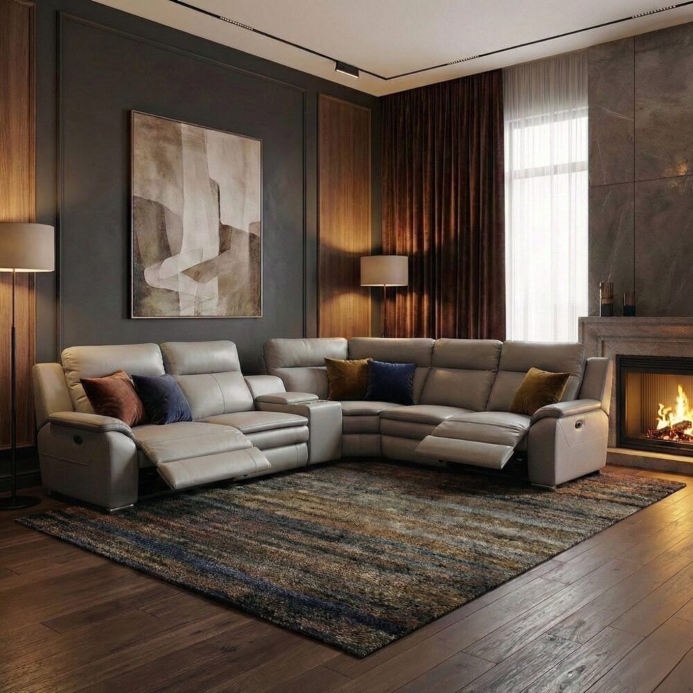 Bộ ghế sofa da góc L hiện đại màu xám sang trọng cho phòng khách chung cư